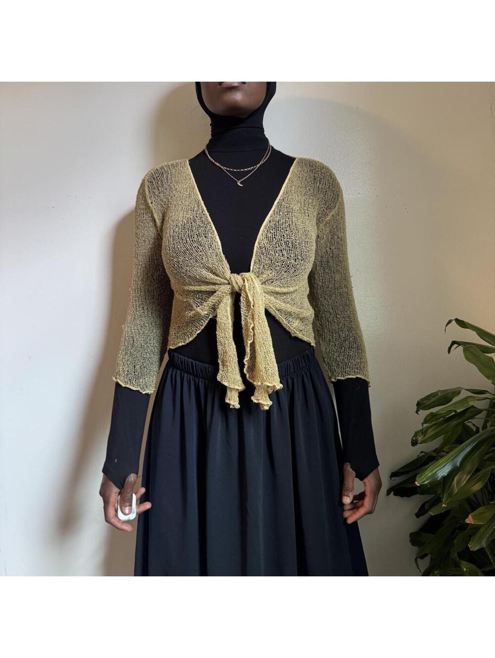 Y2K Open Knit Mesh Shrug Cardigan Tie Front fits like L